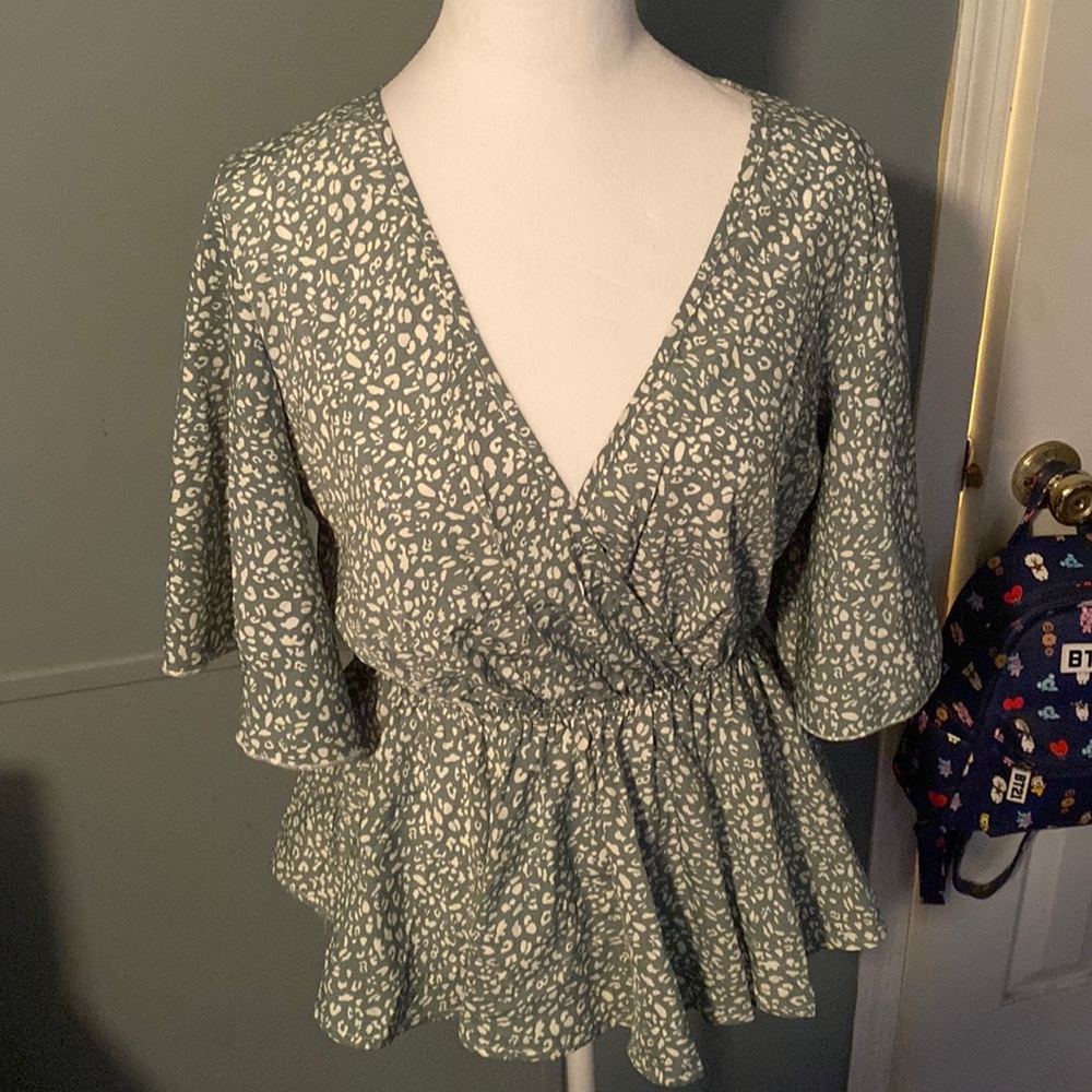 SHEIN Dalmatian print ruffle hem belted blouse